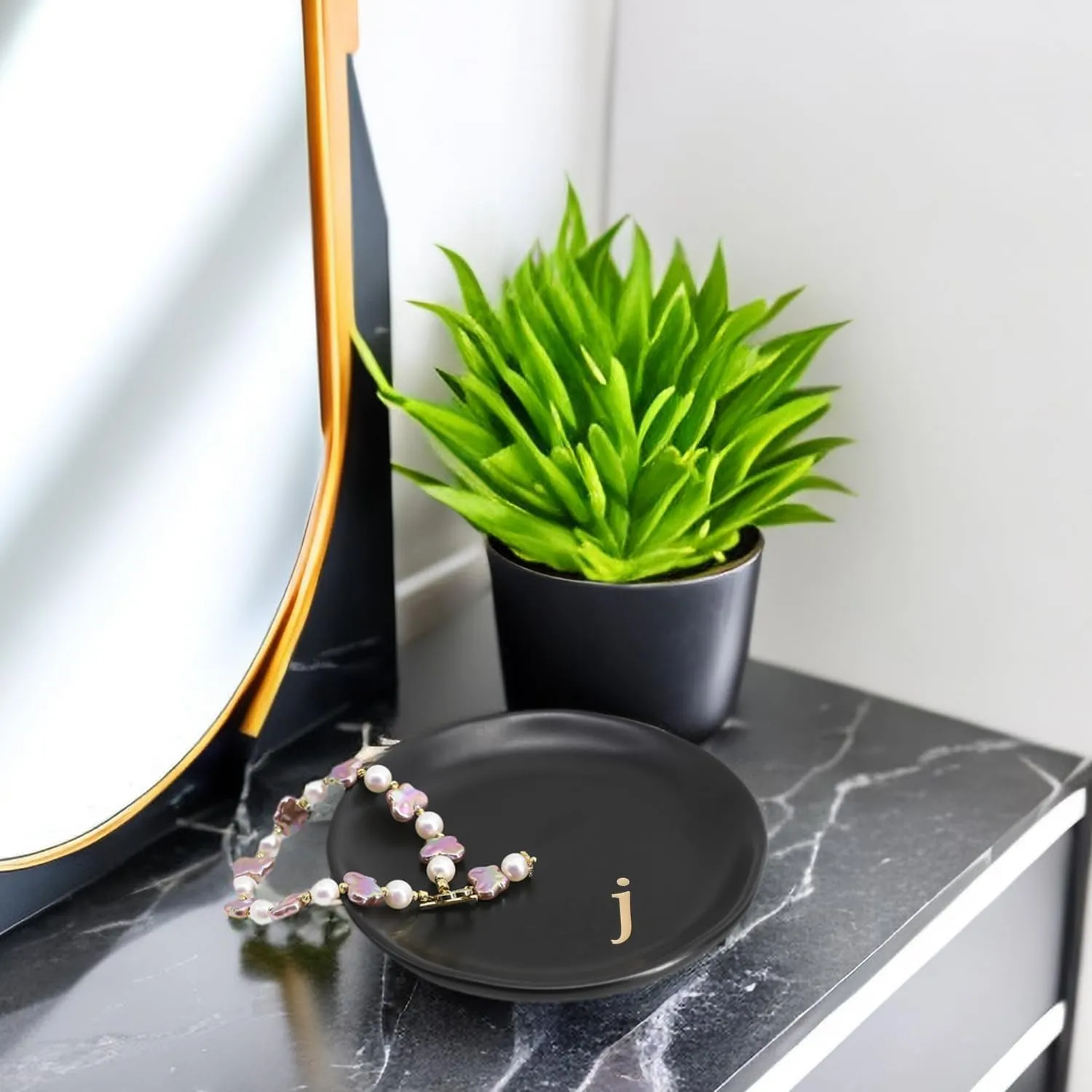 COLLECTIVE HOME - Ceramic Jewelry Tray, Decorative Trinket Dish for Rings Earrings Necklaces Bracelet Watch Keys, Birthday Mother's Day Christmas Gift for Women, 4.75", Black Surface (j)