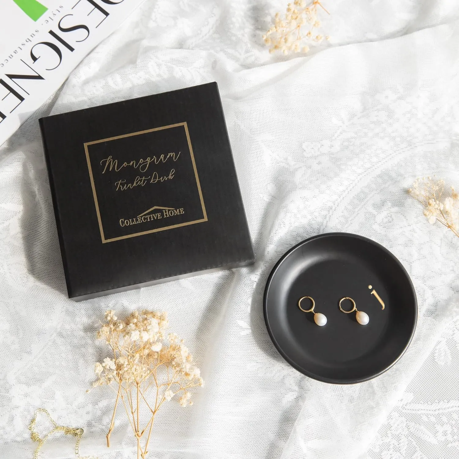 COLLECTIVE HOME - Ceramic Jewelry Tray, Decorative Trinket Dish for Rings Earrings Necklaces Bracelet Watch Keys, Birthday Mother's Day Christmas Gift for Women, 4.75", Black Surface (j)
