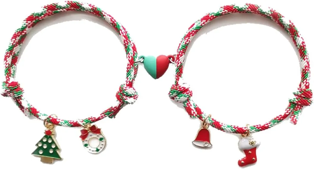 COLORFUL BLING 2Pcs Christmas Love Heart Attract Matching Bracelet Set Christmas Tree Snowman Santa Claus Deer Charms Adjustable Braided Rope for Couple Lover Friendship Xmas Holiday Jewelry