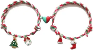 COLORFUL BLING 2Pcs Christmas Love Heart Attract Matching Bracelet Set Christmas Tree Snowman Santa Claus Deer Charms Adjustable Braided Rope for Couple Lover Friendship Xmas Holiday Jewelry