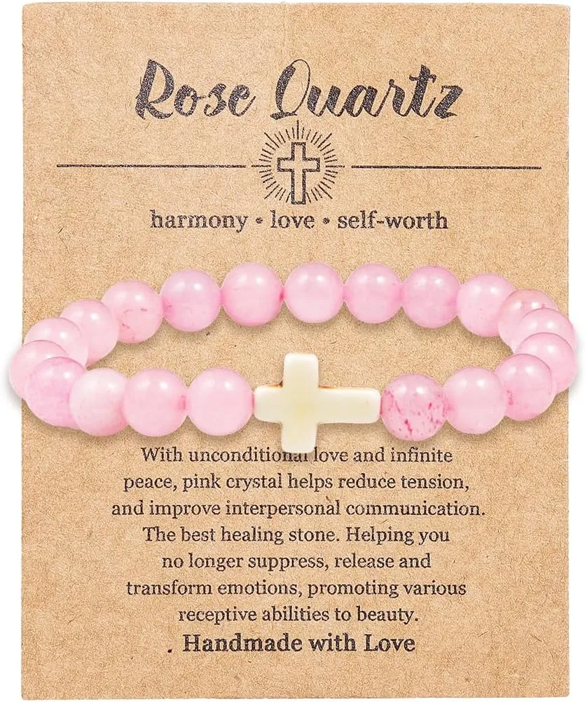 COLORFUL BLING Cross Beaded Bracelet Natural Stone Stretch Prayer Bracelet Anti Depression Anxiety Gifts