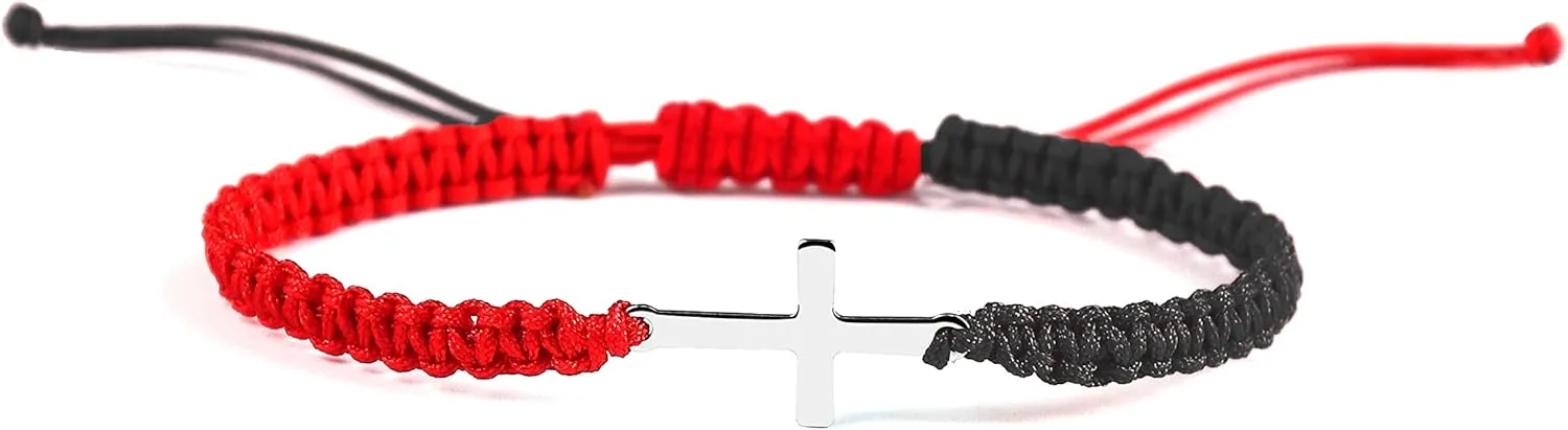 COLORFUL BLING Cross Bracelet for Women Men Stainless Steel Adjustable Braided String Sideways Bracelet Protection Prayer Amulet Christian Jewelry