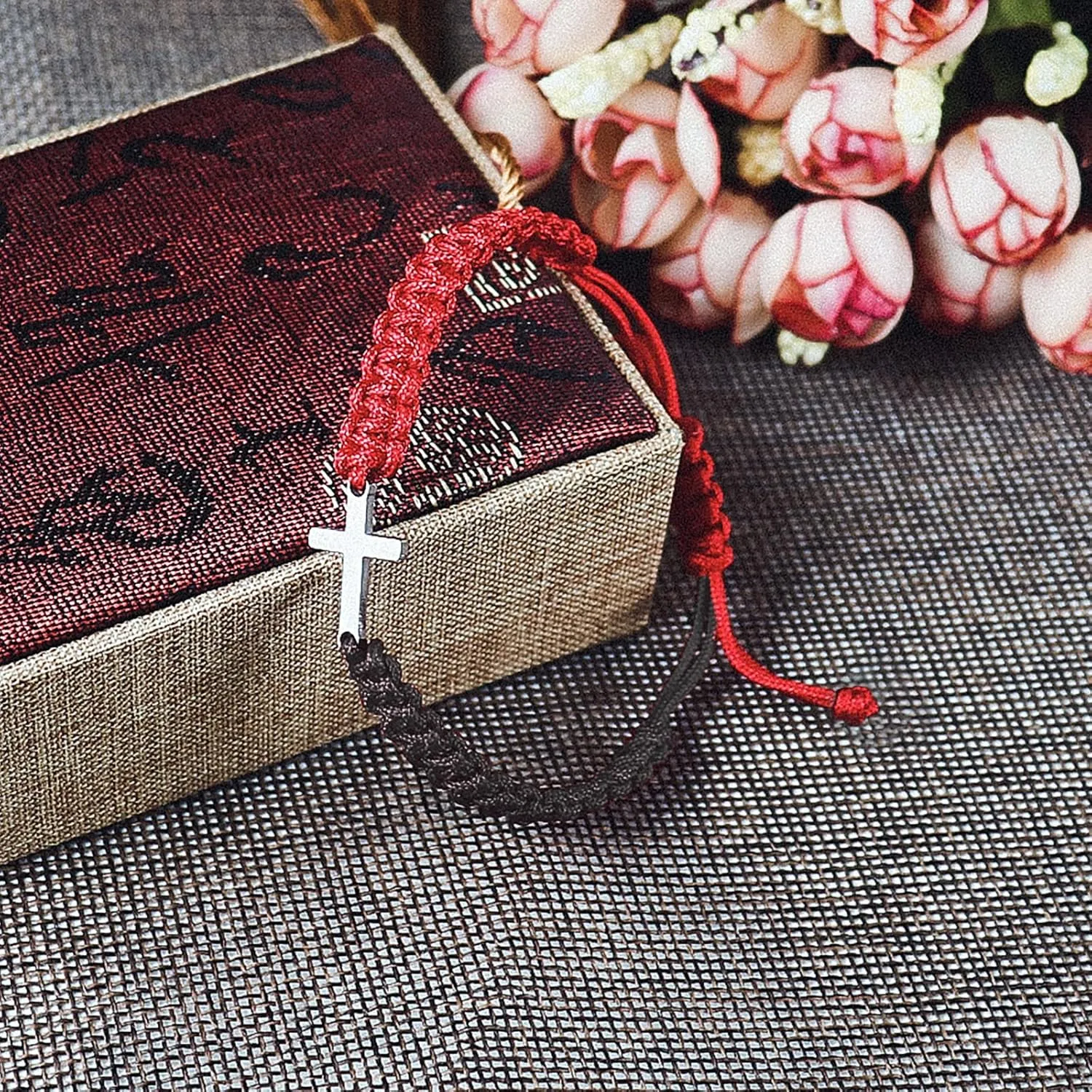 COLORFUL BLING Cross Bracelet for Women Men Stainless Steel Adjustable Braided String Sideways Bracelet Protection Prayer Amulet Christian Jewelry