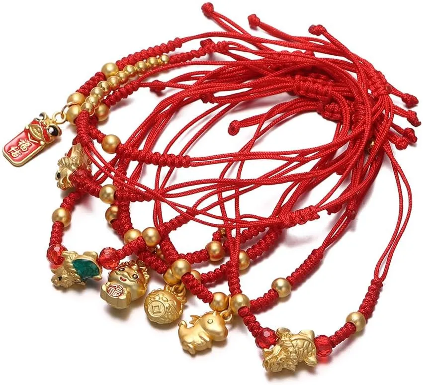 COLORFUL BLING Handwoven New Year of Dragon Bracelet Woven Red String Adjustable Chinese Zodiac Dragon Charm Bracelet Lucky Braided Rope Bracelets New Year Jewelry Gifts for Women Men