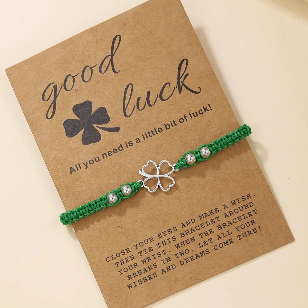 COLORFUL BLING St. Patrick's Day Bracelet Nature Stone Jade Beaded Stretch Bracelet Heart Lucky Clover Shamrock Charm Bracelets Handmade Braided Rope String Bracelet Irish Festive Jewelry Gifts