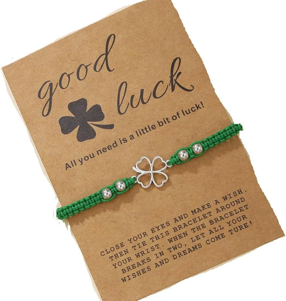 COLORFUL BLING St. Patrick's Day Bracelet Nature Stone Jade Beaded Stretch Bracelet Heart Lucky Clover Shamrock Charm Bracelets Handmade Braided Rope String Bracelet Irish Festive Jewelry Gifts