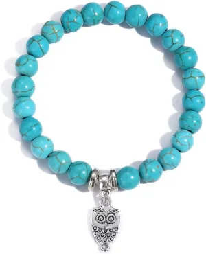 COLORFUL BLING Vintage Turquoise Bracelet Healing Crystal Stone Evil Eye Cross Butterfly Stretch Round Bead Bracelets for Women Men Jewelry