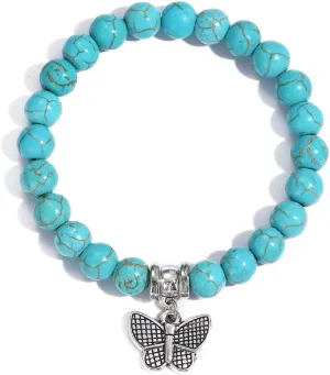 COLORFUL BLING Vintage Turquoise Bracelet Healing Crystal Stone Evil Eye Cross Butterfly Stretch Round Bead Bracelets for Women Men Jewelry