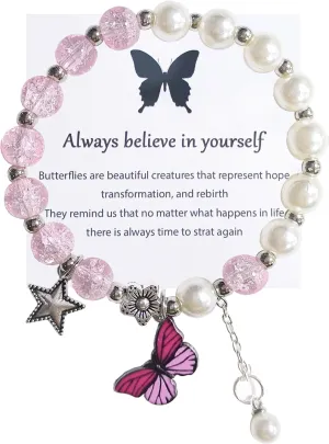 Colorful Butterfly Charm Crystal Pearl Beads Charm Bracelets with Wish Card Handmade Crystal Resin Beads Friendship Bracelets for Women Girls Jewelry