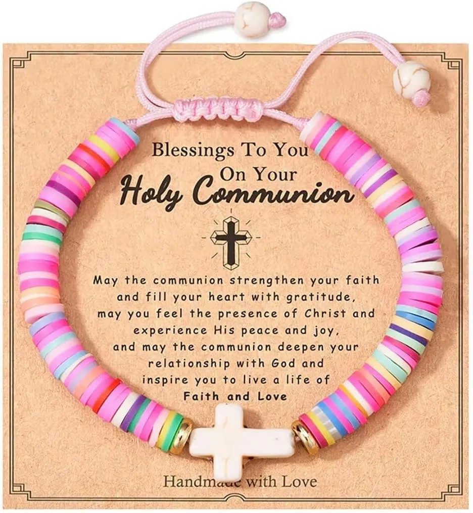 Colorful Clay Surfer Cross Bracelet for Women First Communion Stretch Beaded Bracelets Christian Religious Preppy Bracelet Friendship Jewelry Gift