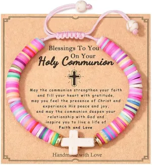 Colorful Clay Surfer Cross Bracelet for Women First Communion Stretch Beaded Bracelets Christian Religious Preppy Bracelet Friendship Jewelry Gift