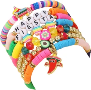 Colorful Polymer Clay Happy Cinco De Mayo Stackable Bracelets Mexican Guitar Chili Layering Friendship Bracelets Heishi Vinyl Disc Bead Stretch Bracelet for Women Men Boho Holiday Jewelry Gift