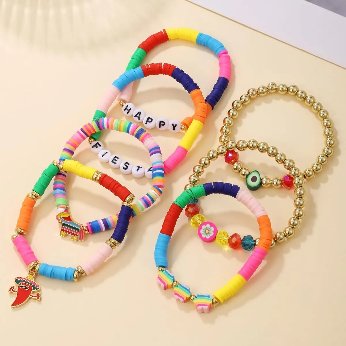 Colorful Polymer Clay Happy Cinco De Mayo Stackable Bracelets Mexican Guitar Chili Layering Friendship Bracelets Heishi Vinyl Disc Bead Stretch Bracelet for Women Men Boho Holiday Jewelry Gift