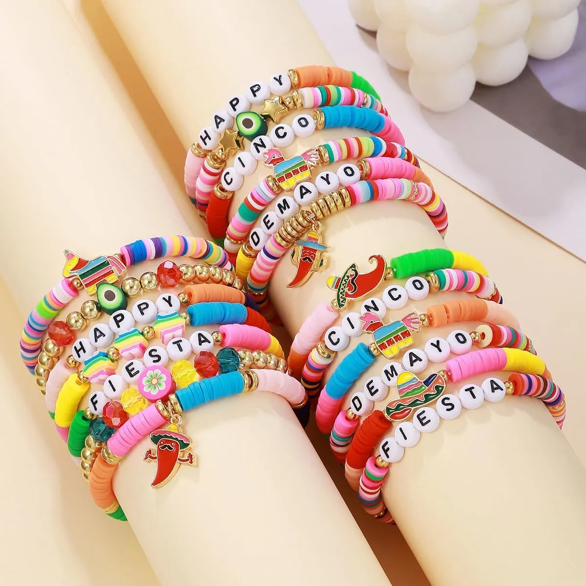 Colorful Polymer Clay Happy Cinco De Mayo Stackable Bracelets Mexican Guitar Chili Layering Friendship Bracelets Heishi Vinyl Disc Bead Stretch Bracelet for Women Men Boho Holiday Jewelry Gift