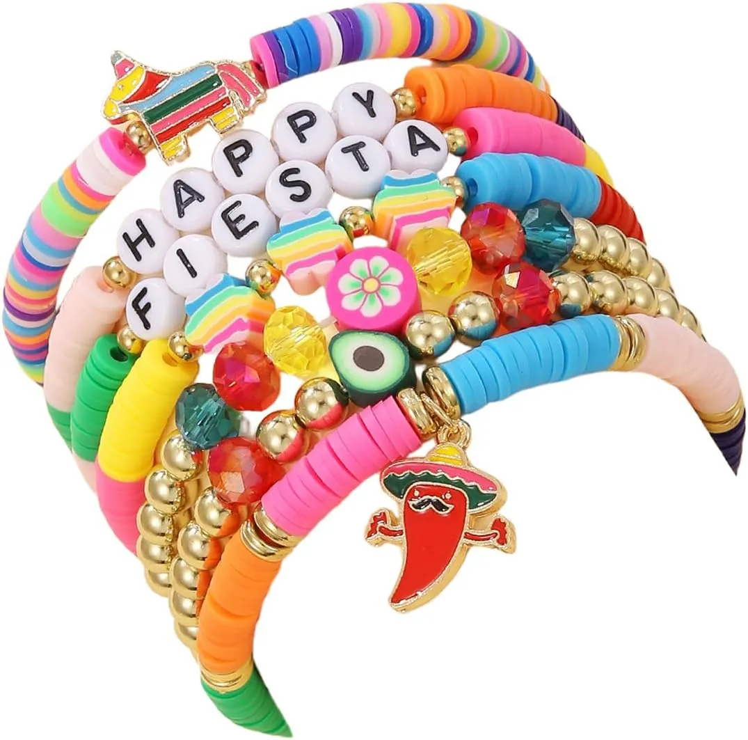 Colorful Polymer Clay Happy Cinco De Mayo Stackable Bracelets Mexican Guitar Chili Layering Friendship Bracelets Heishi Vinyl Disc Bead Stretch Bracelet for Women Men Boho Holiday Jewelry Gift