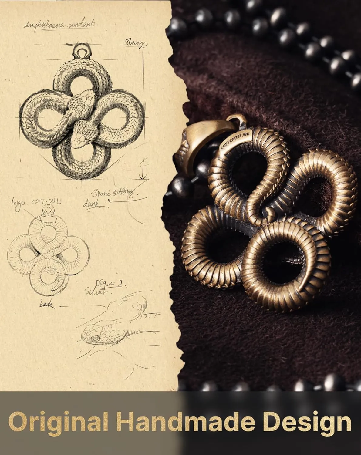 COPPERTIST.WU Double Snake Pendant Necklace Viper Animal Serpent Lucky Pendant Necklace Gothic Jewelry Gift for Men Women(Chain not included)