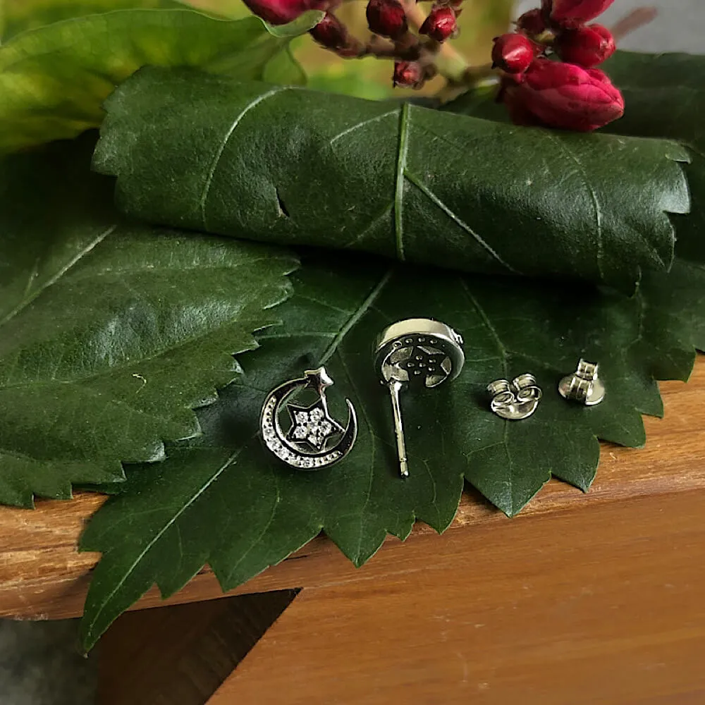 Crescent Moon & Stars Ear Studs