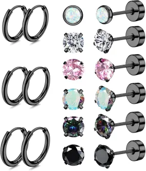 Cristina 9 Pairs Surgical Steel Piercing Earrings for Women Men Hypoallergenic 20G Stud Earrings Set for Sensitive Small Opal CZ Stainless Steel Flat Back Earrings Cartilage Hoop Earrings 8/10/12MM