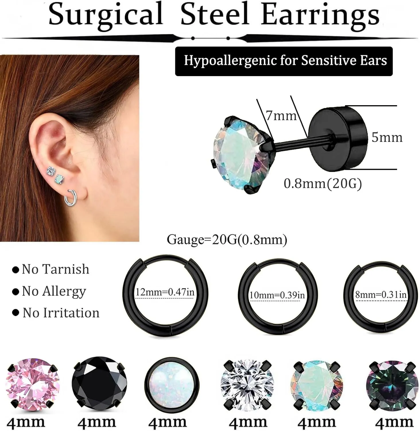 Cristina 9 Pairs Surgical Steel Piercing Earrings for Women Men Hypoallergenic 20G Stud Earrings Set for Sensitive Small Opal CZ Stainless Steel Flat Back Earrings Cartilage Hoop Earrings 8/10/12MM
