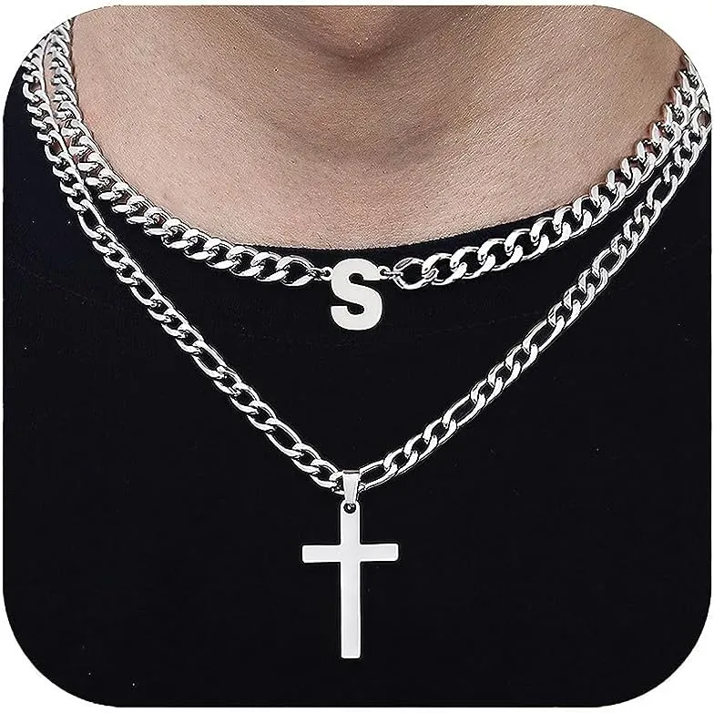 Cross Initial Necklace for Men Stainless Steel Silver Layered Cuban Figaro Link Chain Letter Christian Cross Pendant Initial A-Z Jewelry Gift for Husband Women