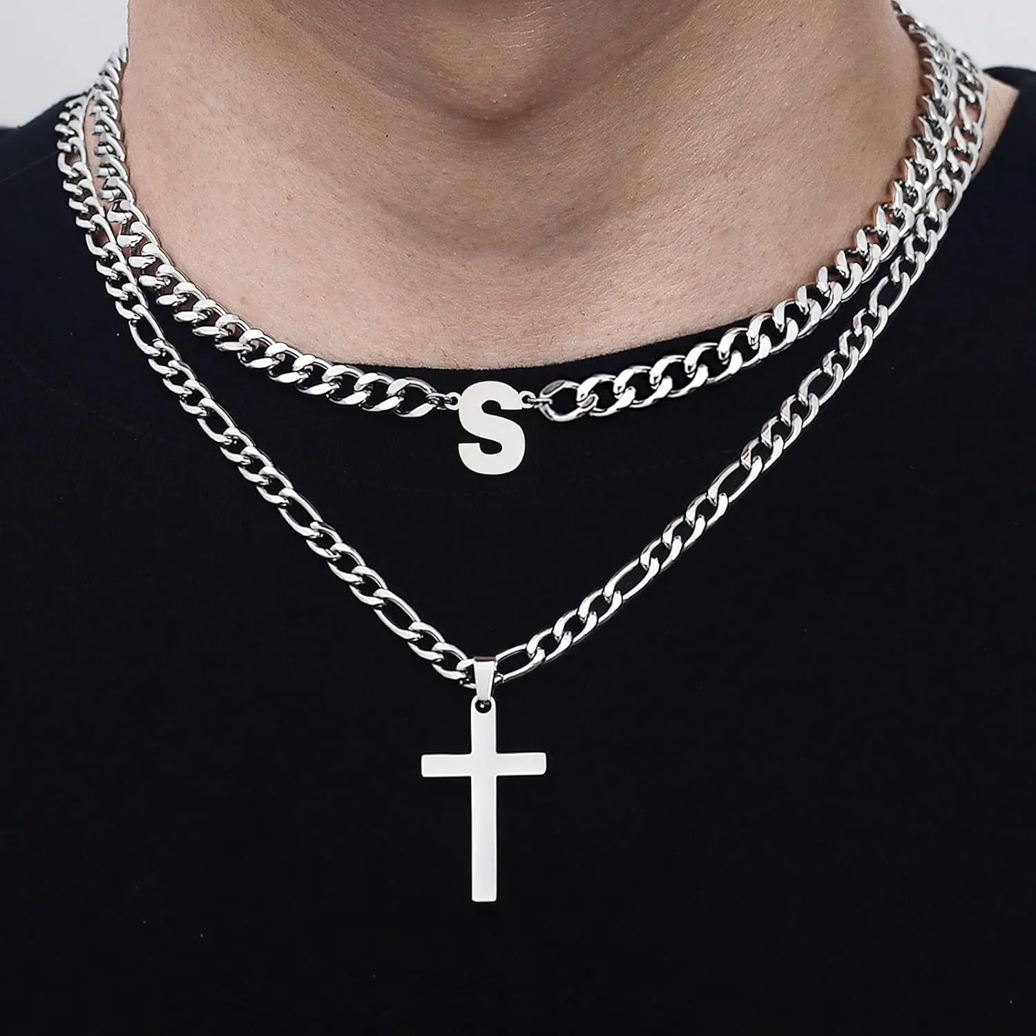 Cross Initial Necklace for Men Stainless Steel Silver Layered Cuban Figaro Link Chain Letter Christian Cross Pendant Initial A-Z Jewelry Gift for Husband Women