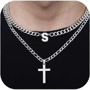 Cross Initial Necklace for Men Stainless Steel Silver Layered Cuban Figaro Link Chain Letter Christian Cross Pendant Initial A-Z Jewelry Gift for Husband Women