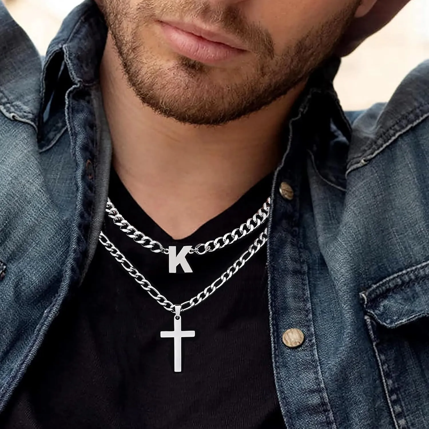 Cross Initial Necklace for Men Stainless Steel Silver Layered Cuban Figaro Link Chain Letter Christian Cross Pendant Initial A-Z Jewelry Gift for Husband Women