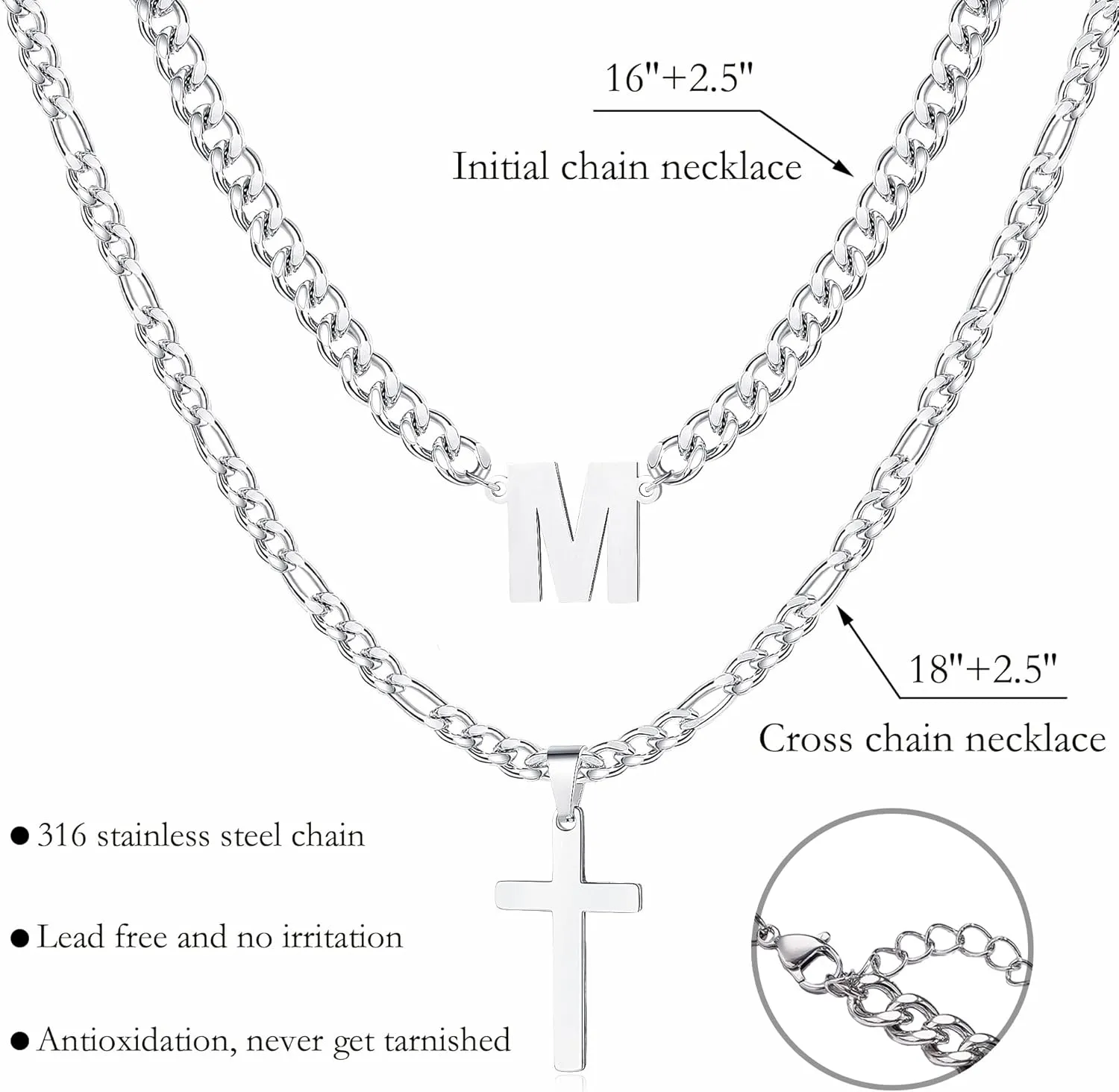 Cross Initial Necklace for Men Stainless Steel Silver Layered Cuban Figaro Link Chain Letter Christian Cross Pendant Initial A-Z Jewelry Gift for Husband Women