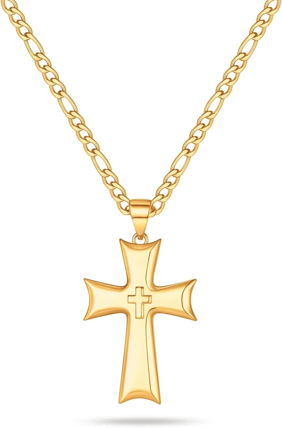 Cross Necklace for Men, Gold Silver Black Stainless Steel Mens Cross Necklaces Figaro Chain Cross Pendant Necklace for Men Cross Chain Necklace for Men 16-24 Inch