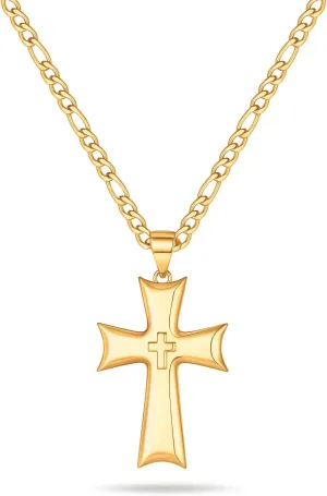 Cross Necklace for Men, Gold Silver Black Stainless Steel Mens Cross Necklaces Figaro Chain Cross Pendant Necklace for Men Cross Chain Necklace for Men 16-24 Inch