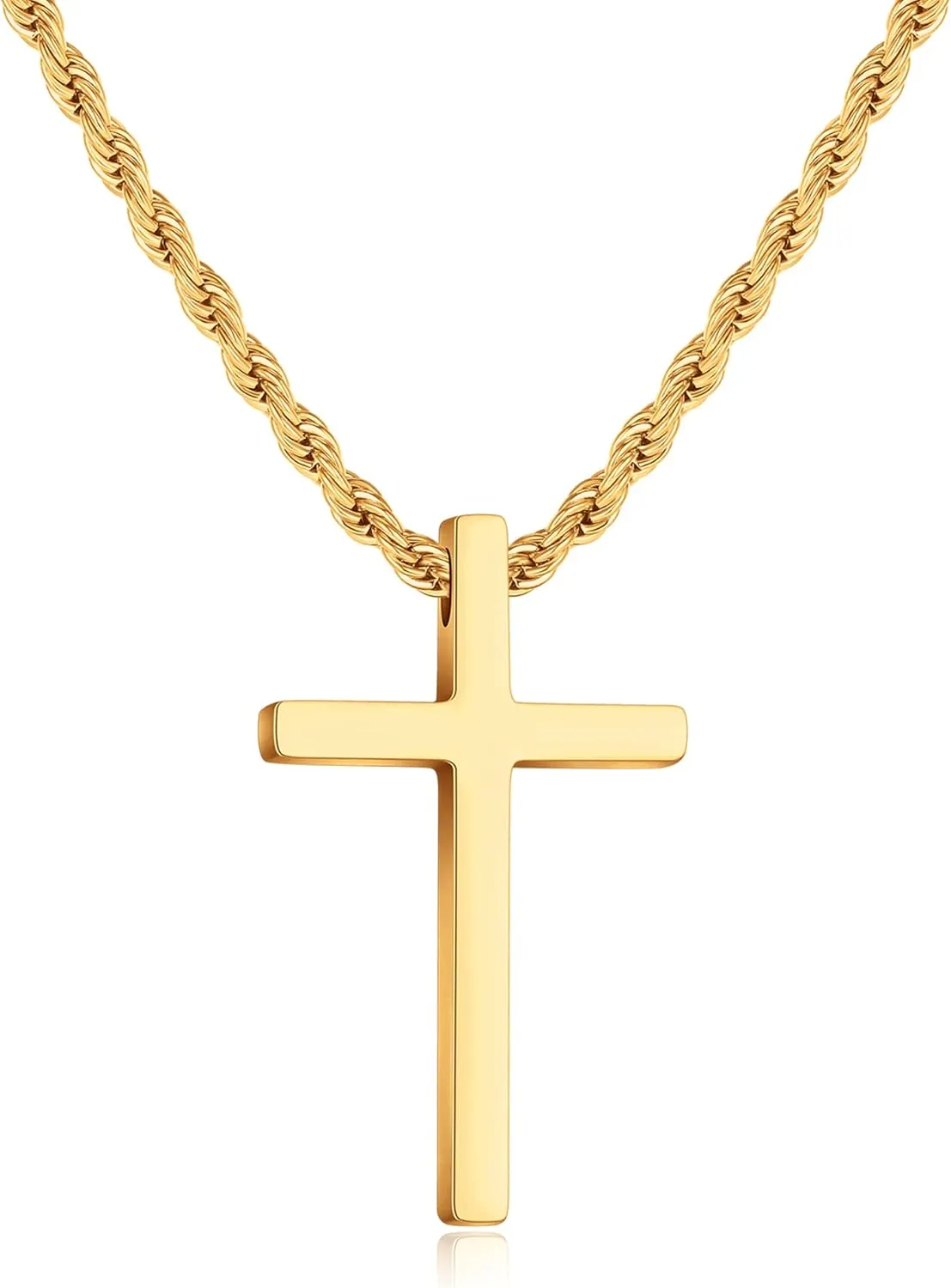 Cross Necklace - Stainless Steel Black Silver Gold Cross Pendant, Men's 16-24 Inch Rope Chain