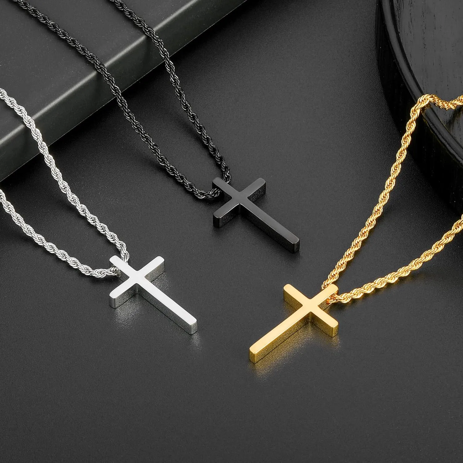 Cross Necklace - Stainless Steel Black Silver Gold Cross Pendant, Men's 16-24 Inch Rope Chain