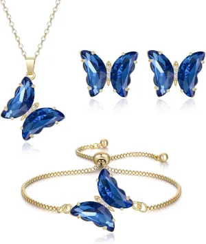 Crysdue Sparkling Cubic Zirconia Butterfly Necklace Stud Earrings Adjustable Slider Bracelet Jewelry Set, Birthday/Valentines/Mothers Day/Christmas Jewellery Gift for Women