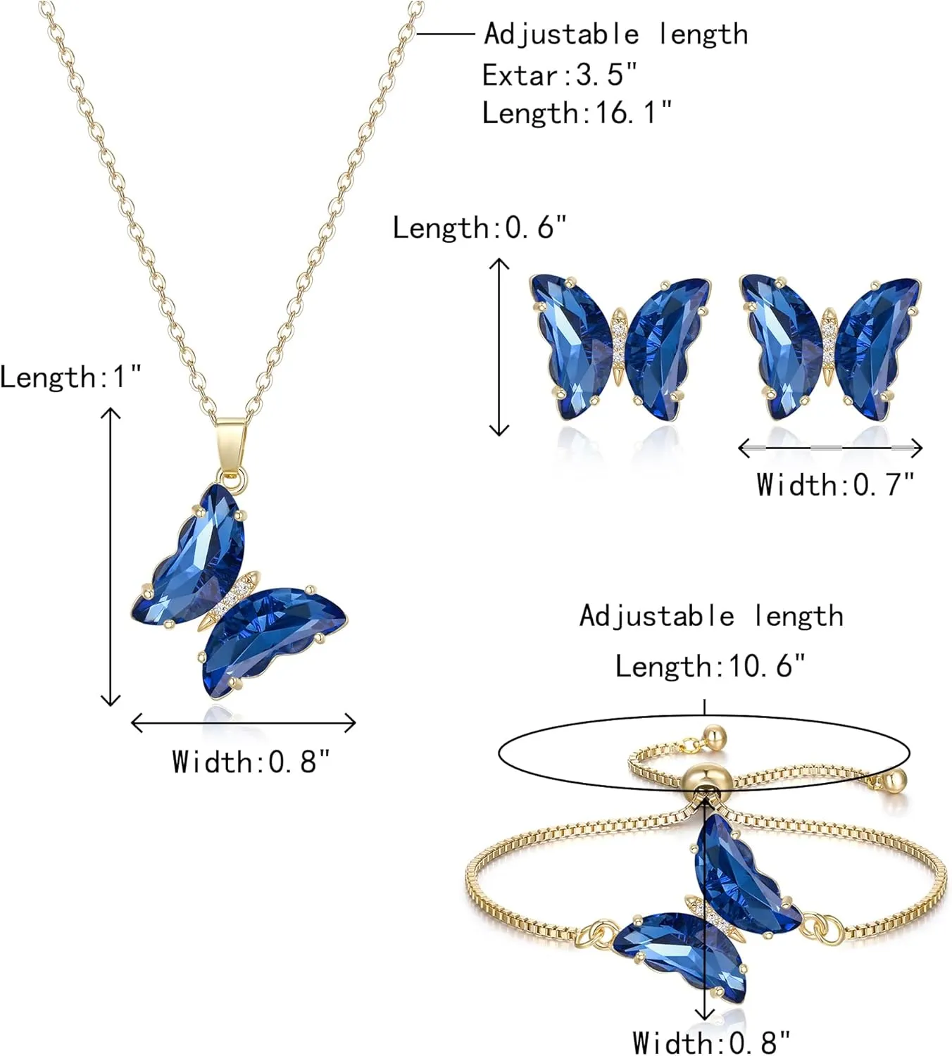 Crysdue Sparkling Cubic Zirconia Butterfly Necklace Stud Earrings Adjustable Slider Bracelet Jewelry Set, Birthday/Valentines/Mothers Day/Christmas Jewellery Gift for Women