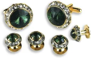 Crystal Cufflinks and Studs with Emerald Center