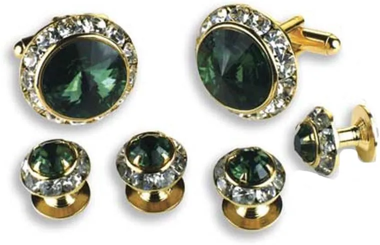 Crystal Cufflinks and Studs with Emerald Center