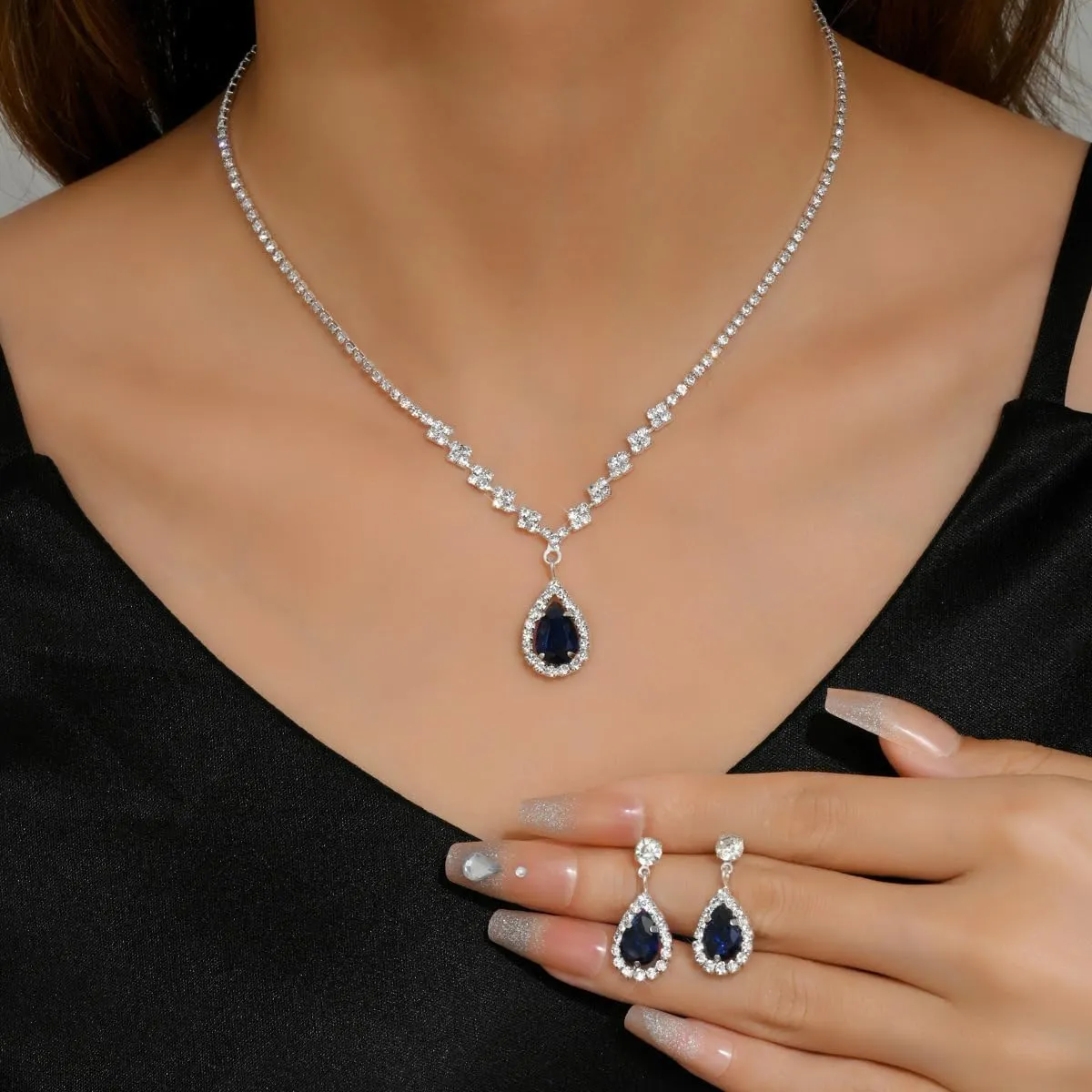 Cubic Zirconia Jewelry Set Sparkling Rhinestone Waterdrop Pendant Necklace Dangle Earrings Aesthetic Jewelry Set for Women Bridal Bridesmaid