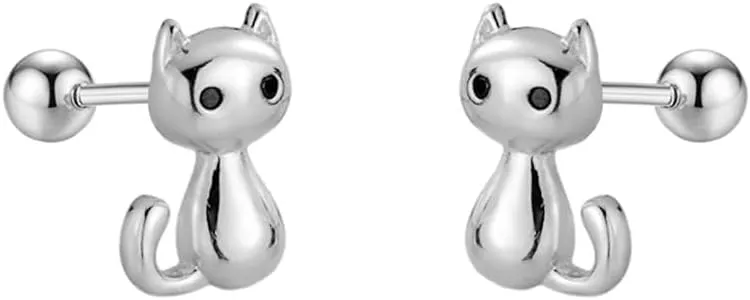 Cute 20g Cat S925 Sterling Silver Screw Back Cartilage Small Stud Earrings for Women Minimalist Lovely Pet Animal Tiny Helix Sleeper Earring Studs Nickel Free Hypoallergenic Jewelry Gifts