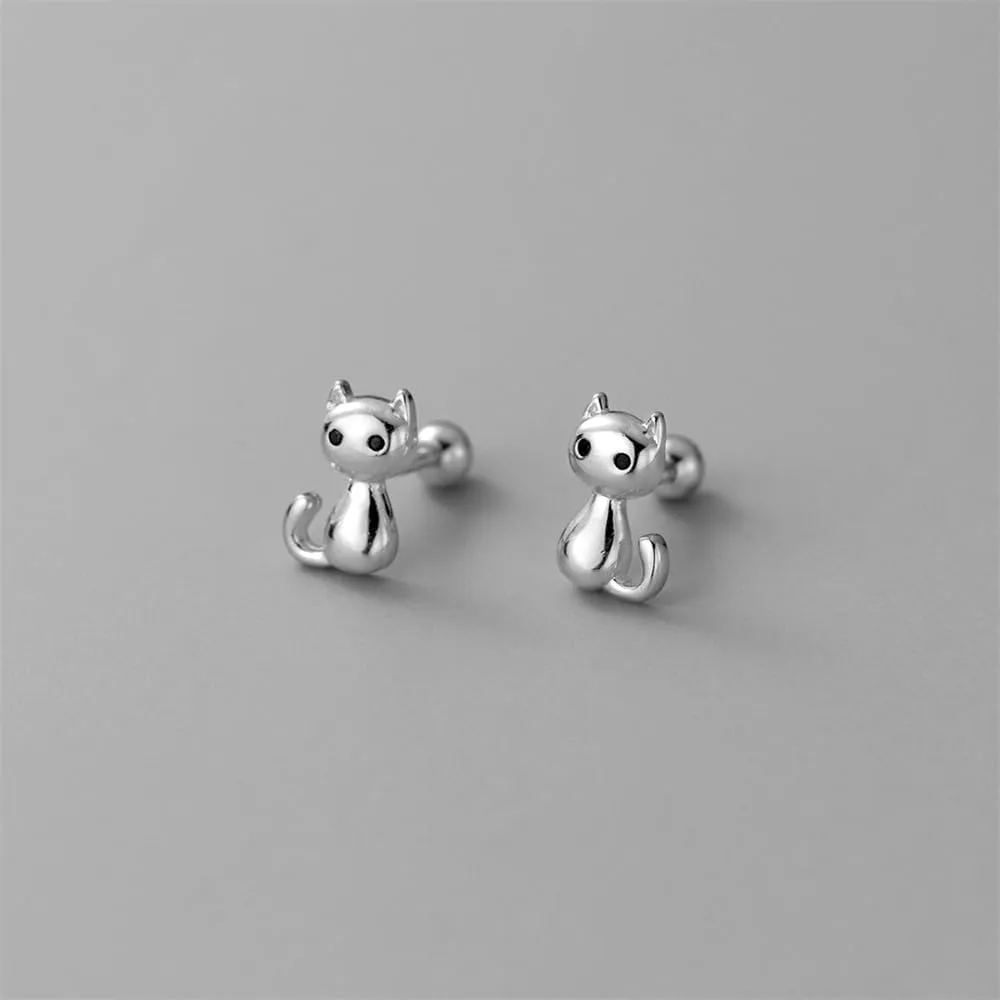 Cute 20g Cat S925 Sterling Silver Screw Back Cartilage Small Stud Earrings for Women Minimalist Lovely Pet Animal Tiny Helix Sleeper Earring Studs Nickel Free Hypoallergenic Jewelry Gifts