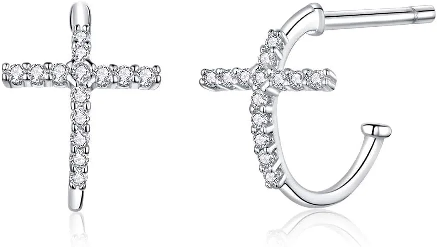 CZ Cross Faith Christian S925 Sterling Silver Small Hoop Earrings for Women Hypoallergenic Fashion Dainty Cubic Zirconia Crystal Huggie Stud Hoops Jewelry 12mm Gifts Best Friend Birthday