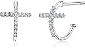 CZ Cross Faith Christian S925 Sterling Silver Small Hoop Earrings for Women Hypoallergenic Fashion Dainty Cubic Zirconia Crystal Huggie Stud Hoops Jewelry 12mm Gifts Best Friend Birthday