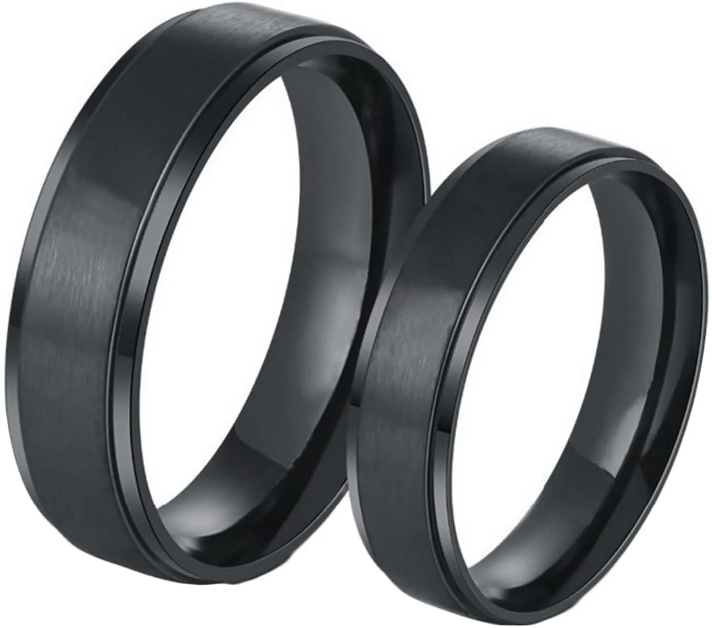Daesar Couples Wedding Bands Sets, His and Hers Ring Sets Couples Stainless Steel Simple Matte Brushed 6/8MM Round Black