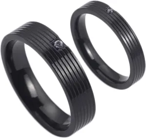 Daesar Matching Rings for Couples, Promise Rings for Men and Women Stainless Steel Simple 4/6MM Round Stripes with Cubic Zirconia Black