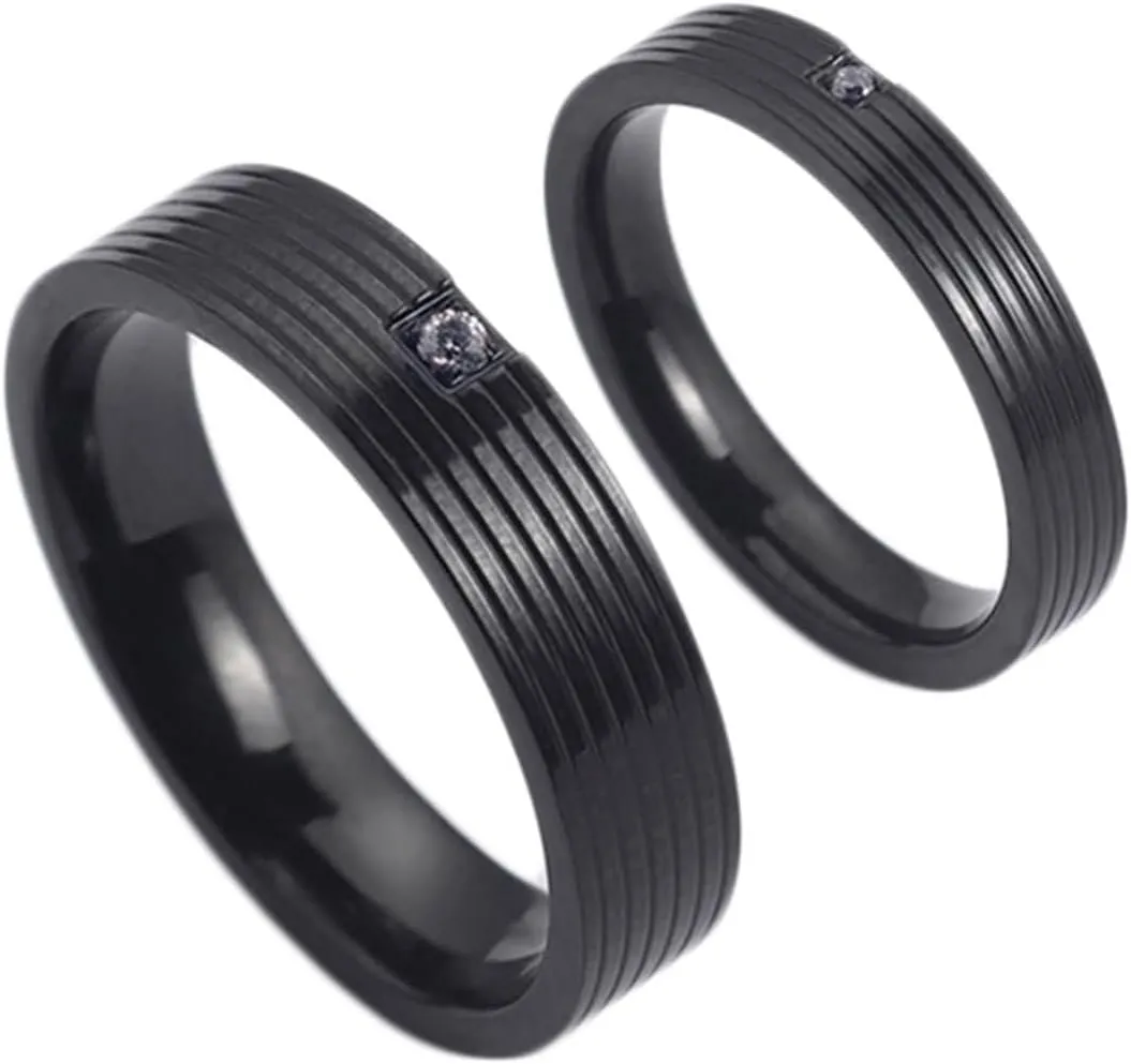 Daesar Matching Rings for Couples, Promise Rings for Men and Women Stainless Steel Simple 4/6MM Round Stripes with Cubic Zirconia Black