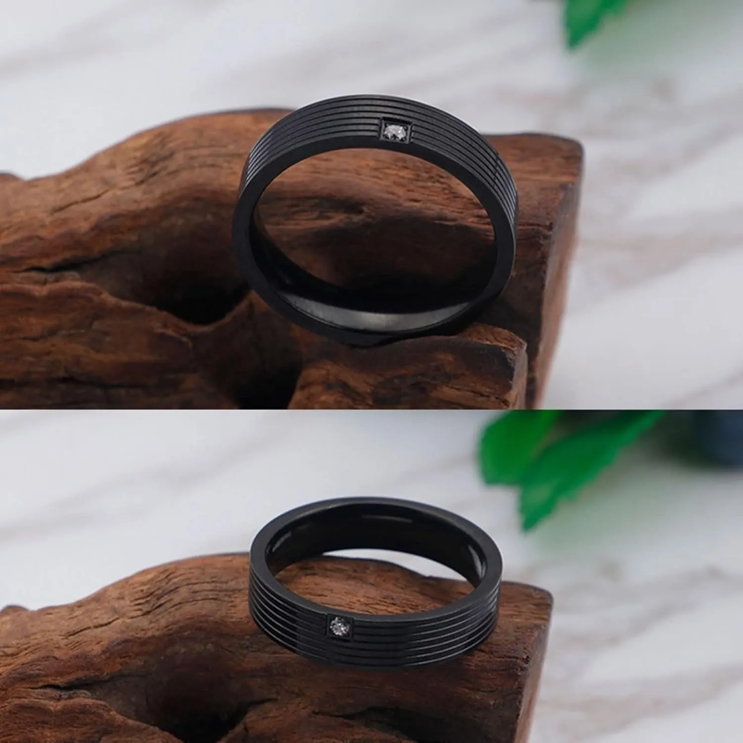 Daesar Matching Rings for Couples, Promise Rings for Men and Women Stainless Steel Simple 4/6MM Round Stripes with Cubic Zirconia Black