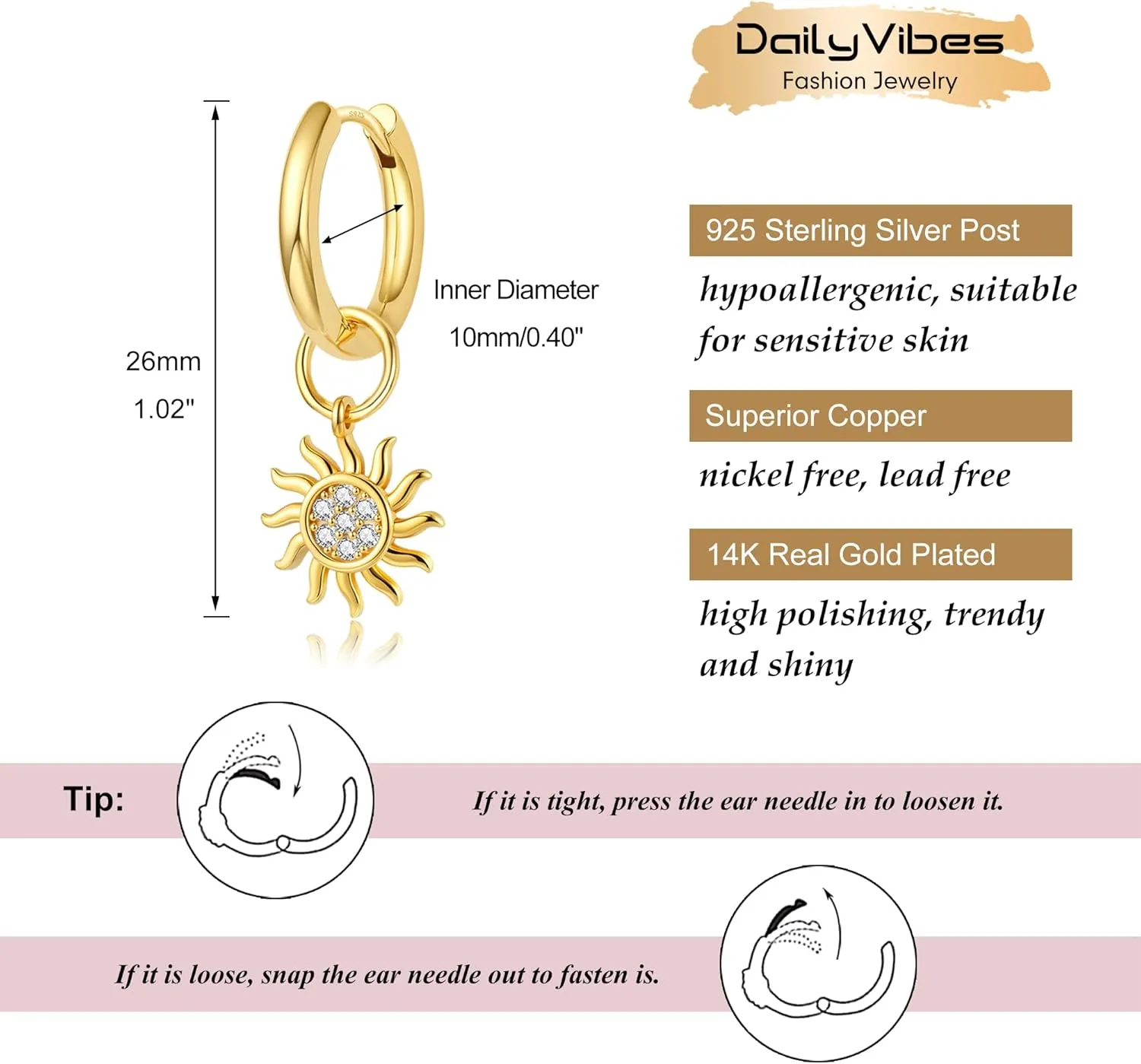 DAILY VIBES Cute Dangle Huggie Earrings for Women 925 Sterling Silver Post Dainty 14K Gold Plated Mini CZ Butterfly Star Cross Heart Charm Drop Cartilage Small Hoop Earrings