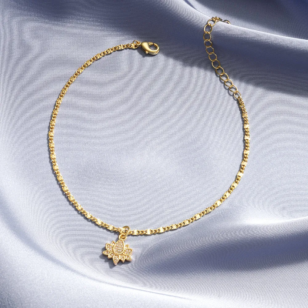 Dainty 14k Gold Plated Adjustable Anklets- Lotus