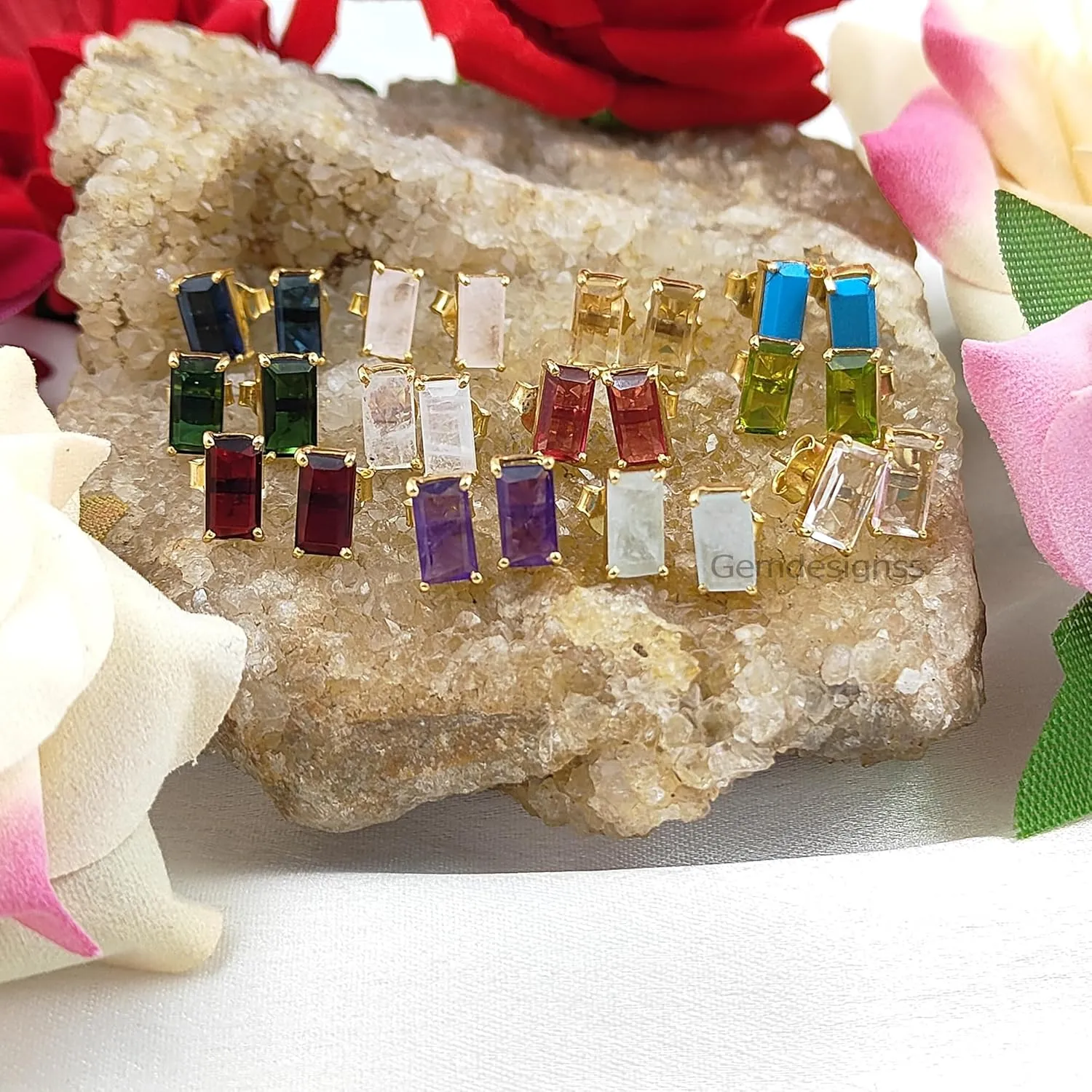 Dainty Birthstone Gemstone Post Stud Earrings in Gold Plated 925 Sterling Silver, Multiple Gemstone Studs, Birthday Gift For Women