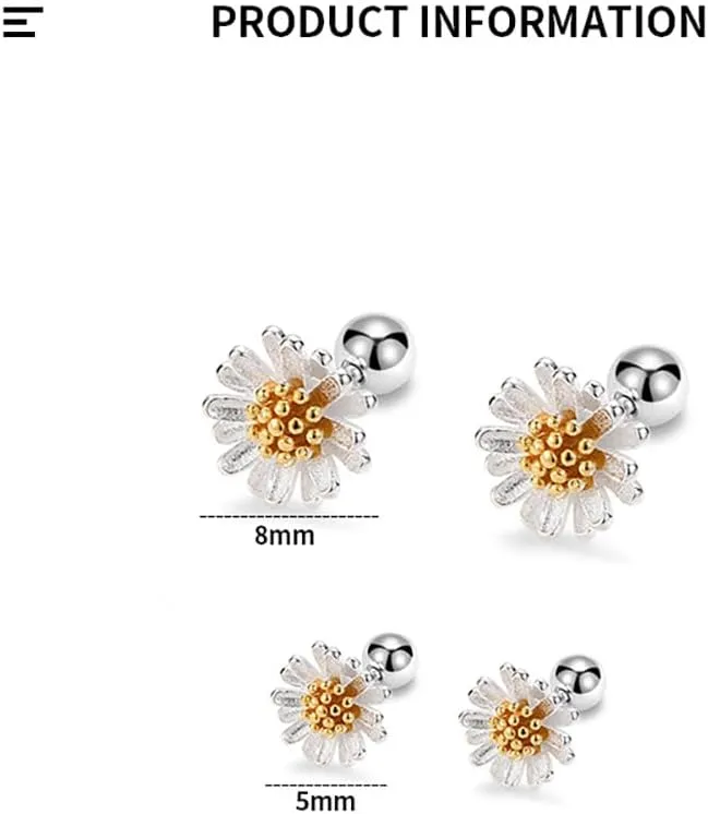 Dainty Daisy Flower Cartilage Tiny Stud Earrings for Women Teen Girls 925 Sterling Silver Flowers Screw Back Ball Tragus Helix Slepper Small Studs Earring Cute Jewelry Gifts 20G
