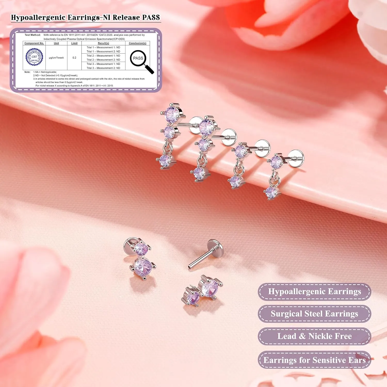 Dainty Flat Back Studs & Dangle Earrings - Hypoallergenic 18G Sets for Multiple Piercing - Birthstone CZ Earrings